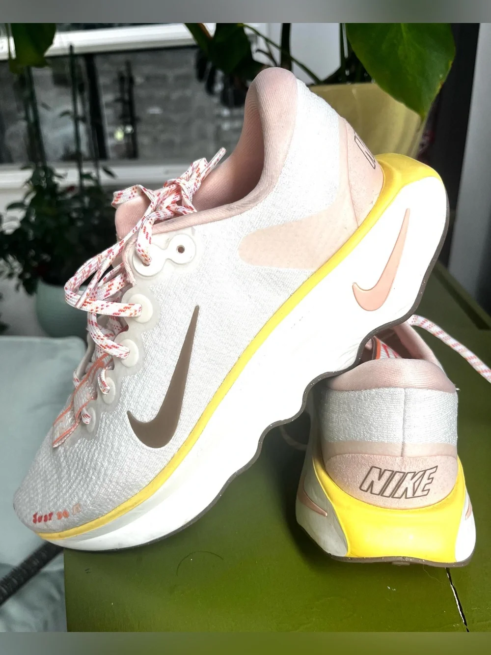 Nike Women’s White Sneakers with Pink Lining and Yellow Trim